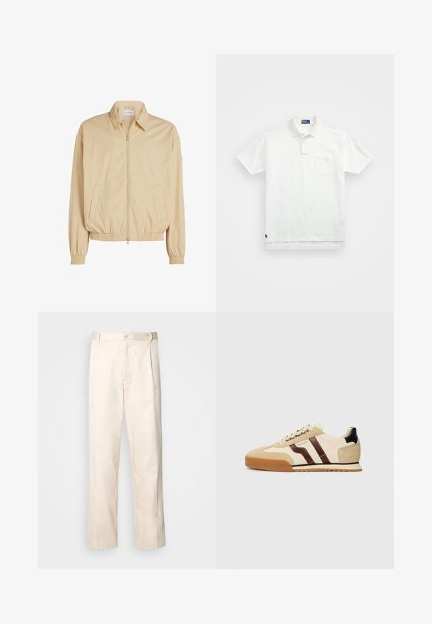 Calvin Klein Jeans LINEAR HARRINGTON - Giacca leggera - pale khaki; Polo bianco in cotone, con colletto classico, placca con tre bottoni e taschino sul lato sinistro del petto; piccolo logo sull'orlo.; Pantaloni in cotone beige con taglio dritto, dotati di chiusura a bottone e pence sul davanti per un tocco di dettaglio in più.; GANT BAYLLE - Sneakers basse - sand