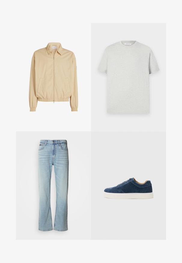 Calvin Klein Jeans LINEAR HARRINGTON - Letná bunda - pale khaki; Svetlo šedé tričko s krátkym rukávom vyrobené z mäkkého materiálu, s okrúhlym výstrihom a voľným strihom, bez viditeľných vzorov alebo akcentov.; Svetlo modré džínsy so strihom rovného nohavice, obsahujúce päť vreciek, zapínanie na gombík a jemné vyblednutie na látke.; Modré semišové tenisky s bielou gumovou podrážkou, šnurovací dizajn, okrúhla špička a kontrastný hnedý interiér. Jemné detaily prešívania.