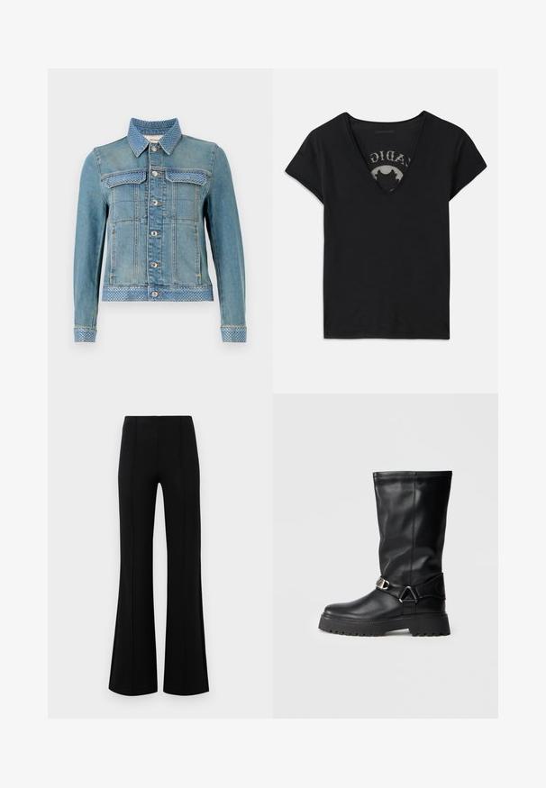 Svetlo modra denim jakna z ovratnikom, dvema žepoma na prsih, srebrnimi gumbi in pikastimi modrimi detajli na ovratniku in manšetah.; Črna majica s kratkimi rokavi in globokim V-izrezom, z mrežno ploščo in natisnjenim vzorcem na notranji plasti. Mehka, zračna tkanina.; Črne krilate hlače z visokim pasom, izdelane iz raztegljive tkanine. Imajo vertikalne šive na sprednji strani in gladko teksturo.; Črne nadkolenske čevlje iz gladke usnje, ki imajo zaponko na strani in debele, teksturirane podplate za boljši oprijem.