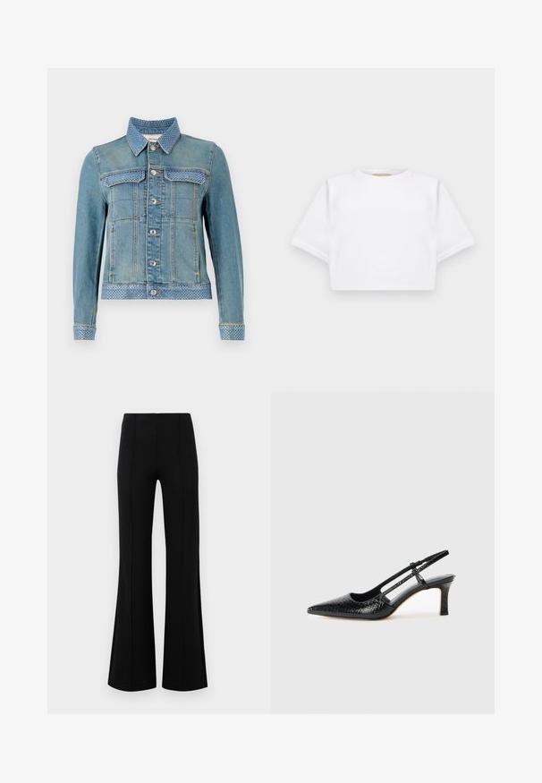Svijetloplava traper jakna s revjastim ovratnikom, dvije prsne džepove, srebrnim dugmadi i plavim točkicama na ovratniku i manžetama.; Skraćena bijela majica od mekog materijala, s kratkim rukavima, okruglim izrezom i rebrastim detaljima na rubu. Jednostavan i neukrašen dizajn.; Crne siraste hlače visokog struka, izrađene od rastezljivog materijala. Imaju vertikalne šavove sprijeda i glatku teksturu.; Crne lakirane slingback pete s oštrim vrhom, s teksturiranim uzorkom zmijske kože, podesivom remenom i kratkom, teksturiranom blok-petom.