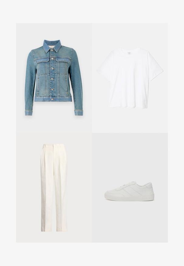 Svijetloplava traper jakna s revjastim ovratnikom, dvije prsne džepove, srebrnim dugmadi i plavim točkicama na ovratniku i manžetama.; Bijela pamučna majica s kratkim rukavima, okruglim izrezom, opuštenim krojem i šivenim rubom. Etiketa je vidljiva na unutarnjoj strani vrata.; Polo Ralph Lauren HEMP WIDE LEG PANT - Hlače - nevis; Bijela kožna tenisica s ravnim vezicama, zaobljenim vrhom i suptilnim detaljima šivanja. Ima teksturiranu potplat i utisnutu marku na peti.
