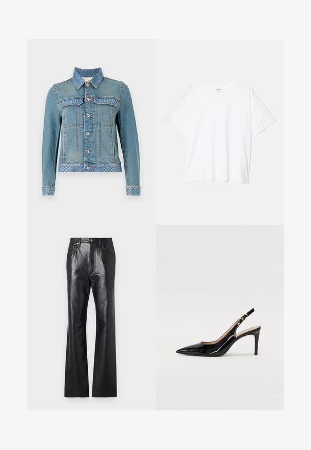 Hele sinine teksajakk, millel on punktkaelus, kaks rinna taskut, hõbedased nupud ning täpilised sinised aktsendid kaeluses ja varrukates.; Valge puuvillane T-särk lühikeste varrukatega, ümmargune kaelus, mugav lõige ja õmmeldud serv. Silt nähtav kaela seest.; Mustad nahkpüksid sileda tekstuuriga, flöödid kujunduses, ees asuva tõmbluku ja vööpaeladega. Omavad peeneid õmbluskirjeldusi.; Must hõbedavärvi patendiga slingback kontsakingad terava varbaga, kitsas konts ja peene lõikega disain. Statistika on kuldne pandla rihmal.