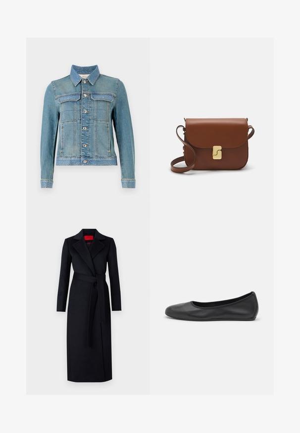 Veste en denim bleu clair avec un col pointu, deux poches poitrine, des boutons argentés et des accents bleus à pois sur le col et les poignets.; T-shirt blanc à manches courtes en tissu côtelé. Col rond, coupe régulière et détails de couture subtils. Aucune motif ni graphique.; Manteau noir avec des manches longues, design enroulé et ceinture assortie. Fabriqué en tissu lisse, il présente un col cranté et des poches latérales.; Ballerines en cuir noir avec un bout rond, texture lisse, détails de couture minimalistes et design de semelle flexible.; Sac à main en cuir marron avec une fermeture à rabat, des accents en métal doré, une bandoulière et une texture lisse. Forme rectangulaire compacte.