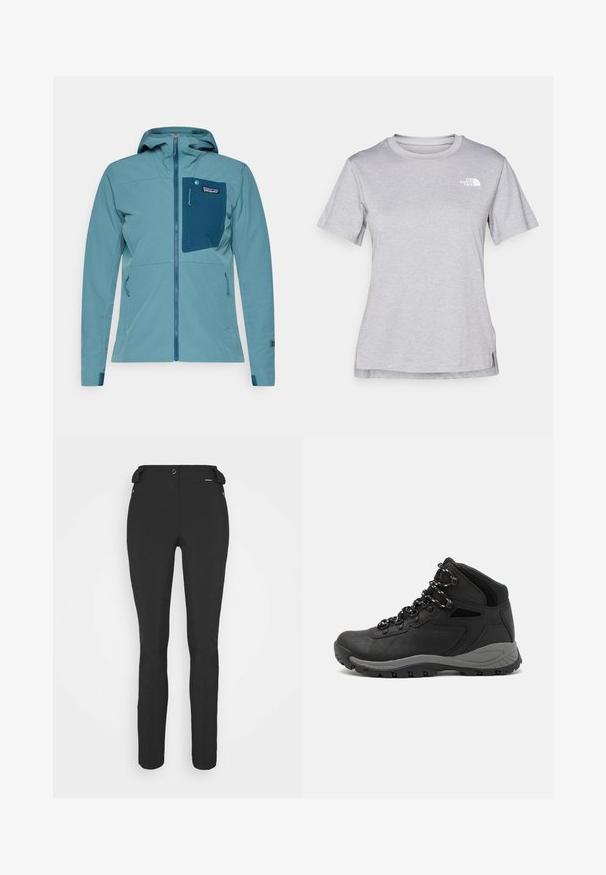 Sinine, kerge jakki, millel on tõmbluku esiosak, reguleeritav kapuuts ja rinna tasku. Omab elastseid mansette ning tekstuurset kangamustrit.; Hall juppuvarrega, pehmeast, niiskust eemaletõukavast kangast lühikeste varrukatega hall T-särk. Omab ümarat kaelust ning väikest valget logo vasakul ülal.; Mustad, hästi istuvad püksid, mis on valmistatud paindlikust materjalist. Omadusteks on lukuga küljetasku, artikeeritud põlved ja sile pind.; Mustarjaline matkasaabas, millel on keskmine disain, tekstuuriga ülemine osa, hallid aktsendid ja vastupidav kummist põhi, millel on haardelugesid.