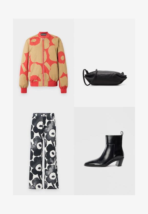 Kurtka bomberka z beżowo-czerwonym kwiatowym wzorem, z zamkiem błyskawicznym i ściągaczami przy mankietach. Wykonana z gładkiej tkaniny.; Sweter dziany w kremowym kolorze z dużymi czarnymi abstrakcyjnymi wzorami. Posiada prążkowany okrągły dekolt i szerokie rękawy dla luźnego dopasowania.; Spodnie o szerokich nogawkach w czarno-białym wzorze kwiatowym, z elastycznym paskiem w talii i gładką teksturą, zdobione dużymi stylizowanymi kwiatami.; Czarne skórzane botki do kostki z wąskim noskiem, geometrycznie uformowanym, grubym obcasem oraz pętlą z tyłu. Gładka faktura i elegancki design.; Czarna skórzana torebka kopertówka w prostokątnym kształcie, gładka w dotyku, z cienkim paskiem na ramię i minimalistycznym designem.