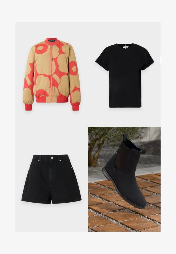 Bumbvedera jaka ar bēša un sarkana ziedu rakstu, ar rāvējslēdzēja aizdari un ribām aprocēm. Izgatavota no gludas auduma.; Melns kokvilnas T-krekls ar sarullētām īsām piedurknēm, centrā ir izcilināts logo un neliels karoga akcents sānos.; Melna džinsu šorti ar augstu jostasvietu, piecām kabatām, sudraba piederumiem un standarta piegriezumu, kurus raksturo gluda tekstūra un kvalitatīva apdare.; Melni potītes zābaki ar elastīgu sānu paneļi, kas karājas virs koka kvadrātflīzēm ar oļiem ārējā vidē.