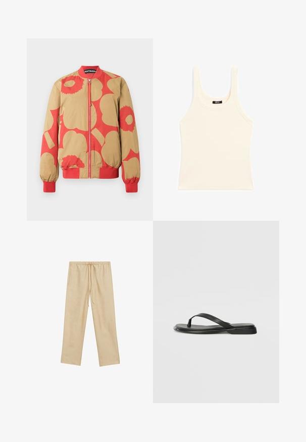 Kurtka bomberka z beżowo-czerwonym kwiatowym wzorem, z zamkiem błyskawicznym i ściągaczami przy mankietach. Wykonana z gładkiej tkaniny.; Jasno beżowy top na ramiączkach wykonany z prążkowanego materiału, z okrągłym dekoltem i grubymi ramiączkami, o dopasowanym kroju i minimalnych detalach.; Jasnobeżowe, luźne spodnie z elastycznym pasem i sznurkiem do regulacji. Posiadają dwie boczne kieszenie i gładką teksturę.; Czarne klapki wykonane z gładkiej skóry, z cienkim paskiem i płaską podeszwą o minimalistycznym profilu. Brak widocznych wzorów lub akcentów.