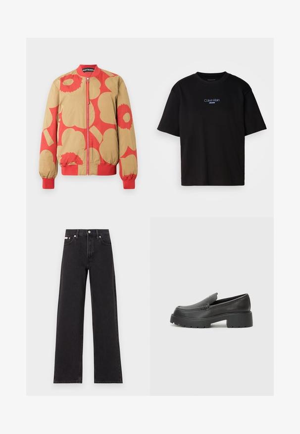 Bomber jakna z bež in rdečim cvetličnim vzorcem, z zadrgo in rebrastimi manšetami. Izdelana iz gladkega blaga.; Črna bombažna majica s krožnim izrezom, kratkimi rokavi in modrim vezenim logotipom "Calvin Klein JEANS" na sprednji strani.; Črne široke jeans hlače iz denima, s poudarjenim pasom, petimi žepi in kovinskim gumbom za zapiranje ter kontrastnim šivanjem.; Črne usnjene loafers čevlje z zaobljenim nosom, debelim teksturiranim podplatom in minimalnimi šivi. Elegantna zasnova brez vidnih vezalk ali kovinskih delov.