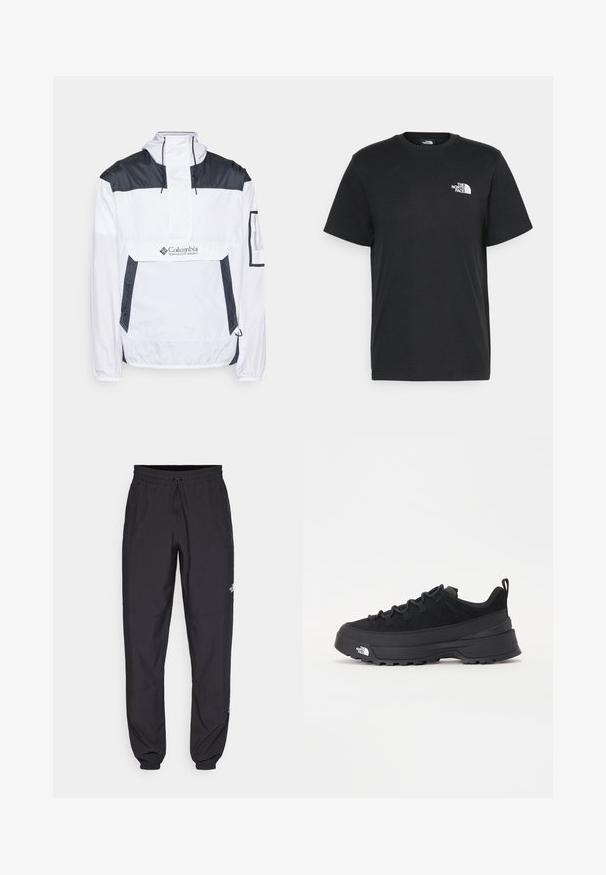 Bílá a námořnická bunda do deště s půlzipem vpředu, nastavitelnou kapucí a dvěma bočními kapsami. Na hrudi je umístěno logo.; Černé bavlněné tričko s krátkými rukávy, kulatým výstřihem a malým bílým logem na levém hrudníku. Jednoduchý design, hladká textura a uvolněný střih.; Černé sportovní kalhoty vyrobené z lehké tkaniny, s páskem na šňůrku, bočními kapsami a zúženými manžetami na kotnících.; Černé venkovní tenisky s horní částí ze semiše, texturovanou gumovou podrážkou a pevným šněrováním. Obsahují zesílenou patu a logo značky na boku.