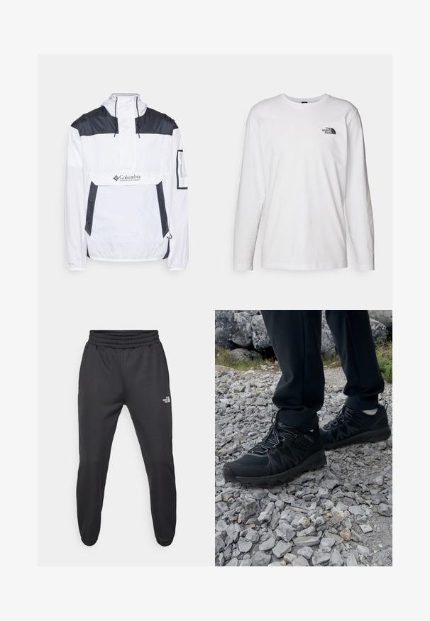 Weiße und marineblaue Windbreaker-Jacke mit einem halben Reißverschluss vorne, verstellbarem Kapuzenhood und zwei seitlichen Taschen. Mit Branding auf der Brust.; Weißes langärmliges T-Shirt aus Baumwolle mit Rundhalsausschnitt. Verfügt über ein kleines schwarzes Logo auf der Brust. Glatte Textur, reguläre Passform.; Schwarze Jogginghose mit verstellbarem Bund, schlanker Passform, elastischen Bündchen und einem kleinen weißen Logo am linken Oberschenkel, hergestellt aus glattem Stoff.; Schwarze Outdoor-Schuhe aus Mesh und synthetischem Material, mit einer strukturierten Oberseite, gesichertem Schnürsystem und griffiger Laufsohle, auf felsigem Gelände.