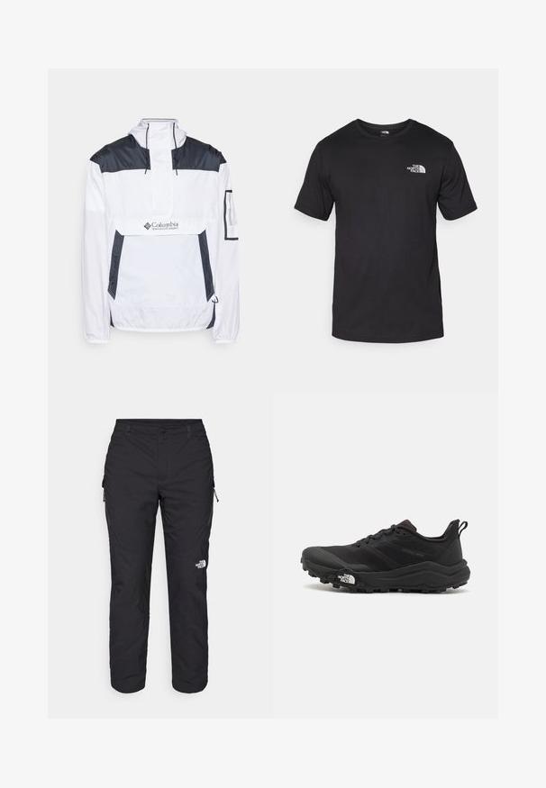 Fehér és sötétkék széldzseki félcipzárral, állítható kapucnival és két oldalsó zsebbel. Az elején márkázás található.; Fekete rövidujjú pamut póló, kerek nyakkivágással, a bal felső mellkason egy kis fehér logóval.; The North Face WINTER EXPLORATION TAPERED CARGO - Szabadtéri nadrágok - black; Fekete terepfutó cipő, textúrált felső résszel, gumitalppal és megerősített lábujjrészével. Párnázott bokarésszel és húzófüllel rendelkezik a könnyű felhúzáshoz.