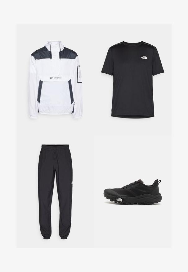 Hvit og marineblå vindjakke med halvlukking foran, justerbar hette og to sidelommer. Har merkevaren på brystet.; Svart kortermet T-skjorte laget av lett materiale. Har en liten hvit logo på venstre bryst og subtile skulderdetaljer.; Sorte idrettsbukser laget av lett stoff, med snor i livet, sidelommer og smale mansjetter ved anklene.; Svart terrengløpesko med teksturert overdel, gummisåle og forsterket tåhette. Har polstret krage og løftestropp for enkel påkledning.