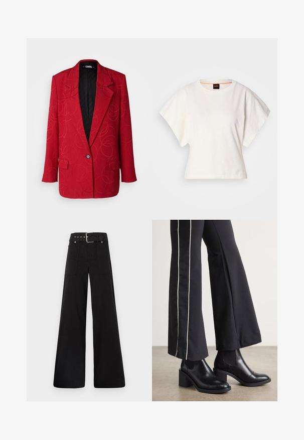 KARL LAGERFELD Lühike jakk - persian red; Valge lühikeste laiadte varrukatega lühike T-särk, pehme puuvillane materjal, ümar kaelus kergelt oranži ääristusega, minimaalne disain, ilma mustrite ja graafikateta.; Mustad laiad mustad püksid, mis on valmistatud puuvillast, kõrge vöökoha, suurte küljetaskute ja kumerate rihmadega, kus on hõbedased detailid.; Mustad nahast pahklu_bootid, millel on ploki konts ja elastsed külgpaneelid. Kombineeritud mustade pükstega, millel on valge küljeriba.