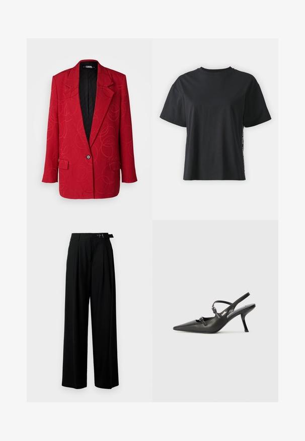 KARL LAGERFELD Lühike jakk - persian red; Must have lühikeste varrukatega puuvillane must T-särk, millel on lõdvestunud lõige ja kontrastne külgpanel, mis sisaldab väikest teksti ja kujunduselemente.; Mustad kõrge vöökohaga mustad laiad püksid, millel on ees voldid ja vöö, millel on pandla. Valmistatud siledast ja kergest kangast.; Must musta slingback kontsad, terava nina, peenike konts ja dekoratiivne pandla detail peal. Sile tekstuur ja stiilne disain.