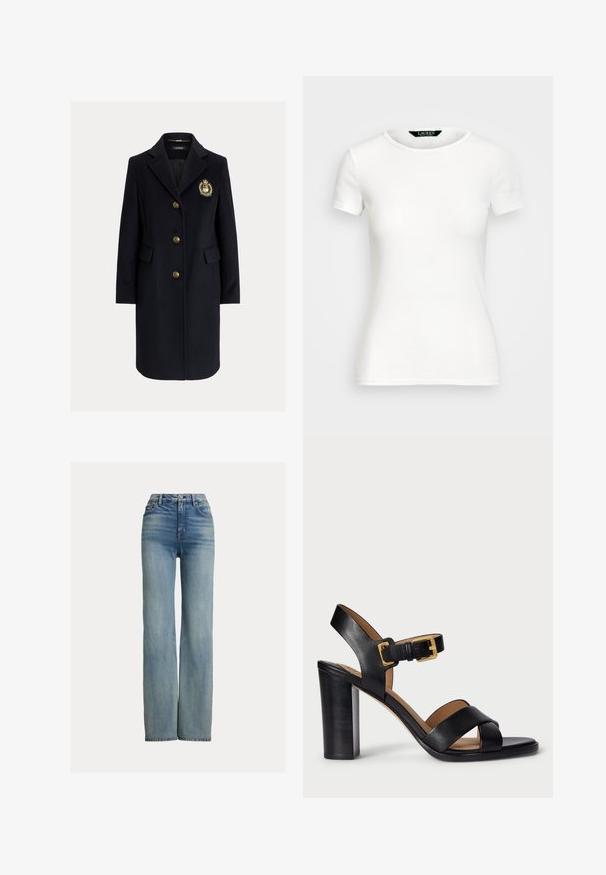 Casaco azul-marinho em mistura de lã com gola de lapela, botões dourados e detalhe de brasão. Possui dois bolsos frontais e uma silhueta ajustada.; T-shirt branco de algodão com mangas curtas, gola redonda, design ajustado e textura suave. Etiqueta do logotipo na gola.; Jeans azuis de cintura alta e perna reta com bolsos frontais, passantes para cinto e fecho de botão, apresentando um leve efeito desbotado.; Sandálias de salto alto em couro preto com design de tiras cruzadas e fecho com fivela. Apresentam um salto robusto e textura suave.