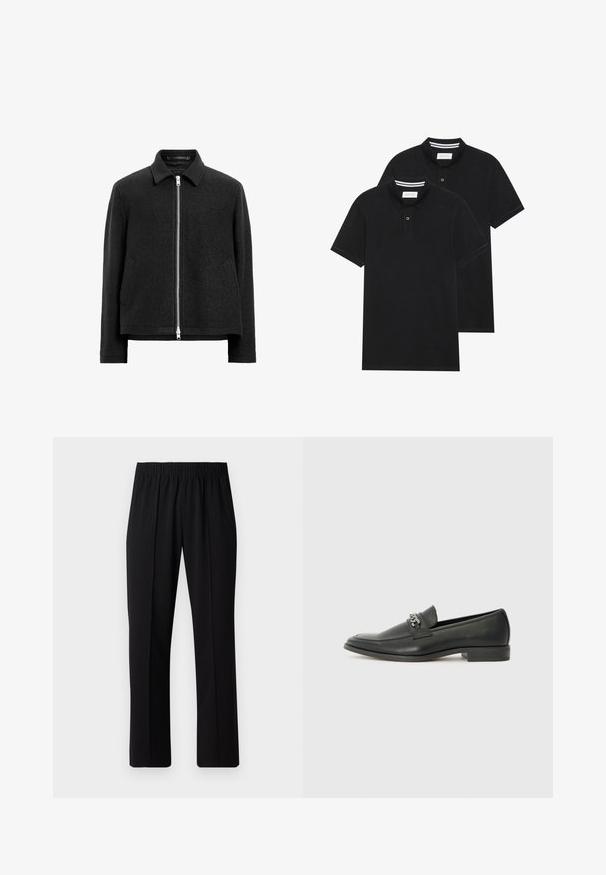 Zwart wollen jack met ritssluiting aan de voorkant, puntige kraag, twee zijzakken en een gestructureerde, iets boxy silhoët.; Twee zwarte polo shirts, met korte mouwen, van katoen, met een klassieke kraag, een knoopsluiting met twee knopen en witte gestreepte accenten aan de binnenkant van de kraag.; Zwarte, elastische broek met rechte pijpen, met een gladde textuur en zonder zichtbare patronen of hardware.; Zwarte leren instapper met een gladde afwerking, voorzien van een gestikt ontwerp en een decoratieve metalen kettingaccent over de wreef. Platte hak.