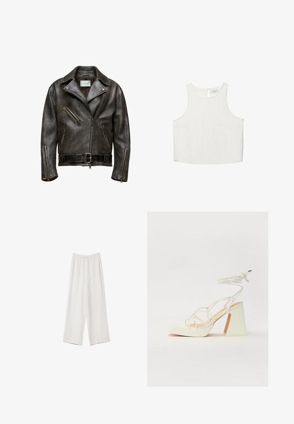 Braune Leder-Bikerjacke mit strukturierter Oberfläche, asymmetrischem Reißverschluss und mehreren Reißverschlusstaschen; verfügt über einen Taillengurt und einen breiten Kragen.; Weißes ärmelloses Oberteil mit rundem Halsausschnitt, das über eine subtile Textur, ein Schlüsselaugen-Rückendetail und einen geraden Saum verfügt.; Weiße weit geschnittene Hose aus leichtem Stoff. Mit einem elastischen Bund und Kordelzug sowie Seitentaschen. Glatte Textur.; Weiße High-Heel-Sandale mit einem klobigen Absatz, die über ein Riemchendesign und ein Knöchelband verfügt. Glatte Textur mit einer Plattform vorne für zusätzliche Höhe.