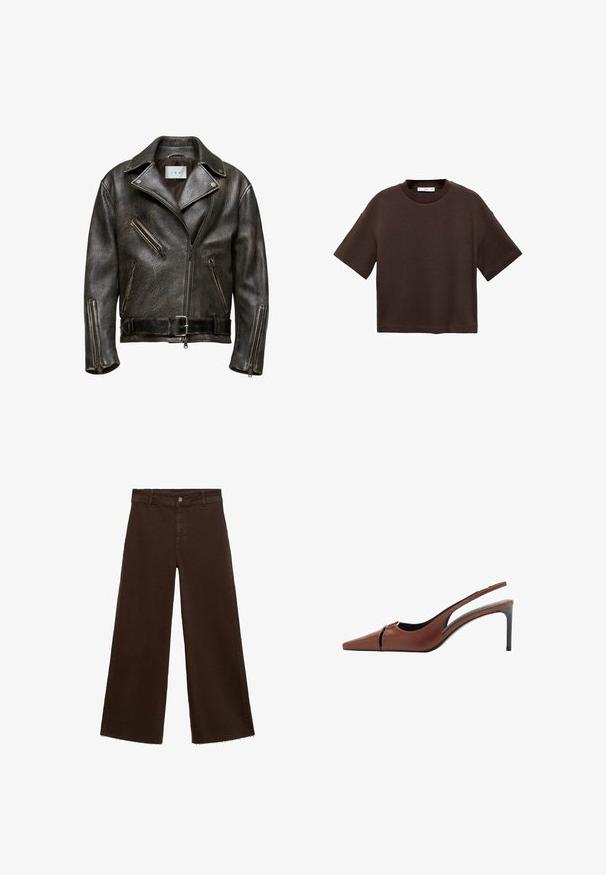 Brun læder bikerjakke med tekstureret finish, asymmetrisk lynlås og flere lynlåslommer; har en bælte i taljen og bred krave.; Brun kortærmet t-shirt lavet af blød bomuld. Har en rund halsudskæring og en boxy pasform, med en glat tekstur og ingen synlige mønstre.; Brune viddebukser i en bomuldsblanding, med en frynset kant, frontknaplukning og klassisk fem-lomme design. Minimalistiske og alsidige.; Brun læder slingback hæl med spids tå, udskæring ved vampen og en elegant stiletto hæl. Glat tekstur.