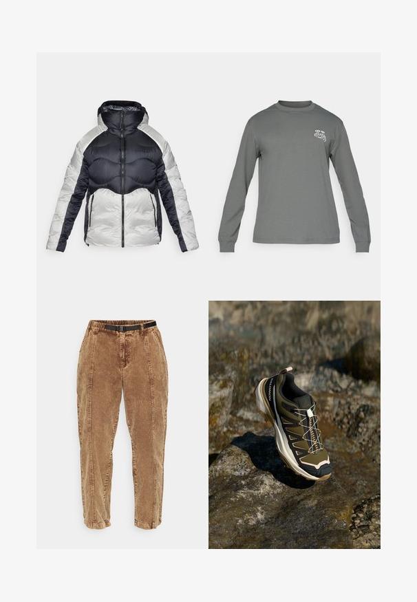 Jachetă cu umplutură în nuanțe de bleumarin și argintiu, cu un guler înalt, închidere cu fermoar și un model matlasat, având două buzunare laterale și un design elegant.; Cămașă cu mânecă lungă din țesătură gri, având un guler rotund și un logo grafic alb pe pieptul stâng. Textură netedă și design simplu.; Pantaloni din catifea groasă de culoare maronie, cu o suprafață texturată, având un curea ajustabilă neagră, buzunare laterale și o croială relaxată. Pantalonii se îngustează către gleznă.; Ghete de drumeție în verde măsliniu și negru cu accente roz. Caracteristici: un material texturat în partea superioară, o talpă flexibilă, o vârful întărit și un sistem de șireturi colorate.