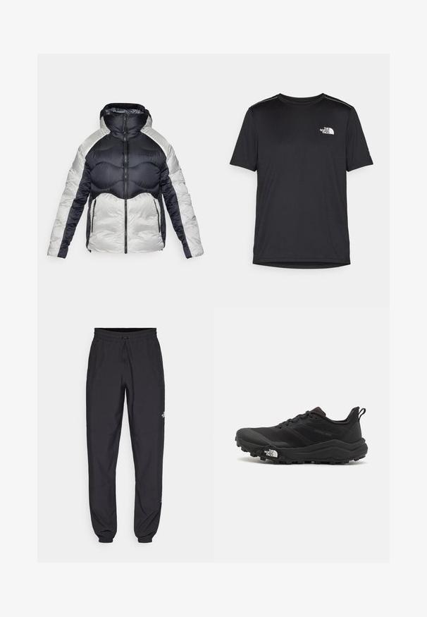 Giacca a vento imbottita in navy e argento con colletto alto, chiusura con zip e motivo trapuntato, dotata di due tasche laterali e un design elegante.; T-shirt nero a maniche corte realizzata in tessuto leggero. Presenta un piccolo logo bianco sul lato sinistro del petto e delicati dettagli sulle spalle.; Pantaloni sportivi neri realizzati in tessuto leggero, con vita regolabile con cordino, tasche laterali e orli affusolati alle caviglie.; Scarpa da trail running nera con tomaia texture, suola in gomma e punta rinforzata. Presenta un collare imbottito e un tassello per un indossamento facile.