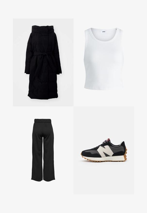 Zwarte pufferjas met een capuchon, riem op de taille, lange mouwen en een rechthoekig doorgestikt ontwerp. Glad textuur en knieënlange snit.; Witte geribbelde tanktop met een ronde hals, zonder mouwen en een cropped lengte. Label draagt "JJXX." Gladde stoftextuur.; Zwarte, wijde broek met een elastische tailleband, gemaakt van gladde stof. Heeft een strakke uitstraling zonder zakken of zichtbare stikseldetails.; Zwarte en grijze suède sneaker met een groot crèmekleurig "N"-logo, paarse veters en een gestructureerde rubberen zool van gum.