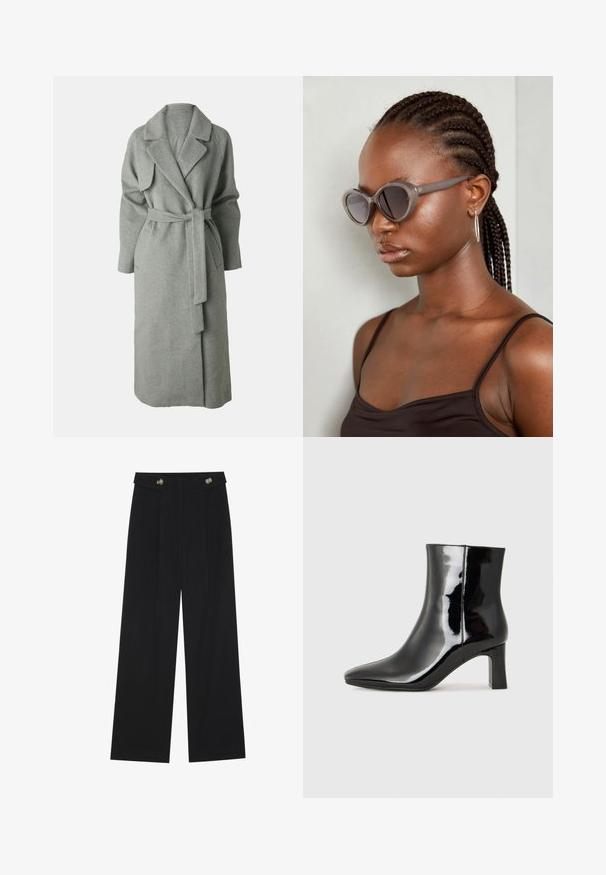 Cappotto avvolgente grigio in lana con colletto a scialle, maniche lunghe, cintura da annodare e tasche laterali. Texture morbida e design fino al ginocchio.; Maglietta nera a maniche lunghe con polsini svasati, texture morbida e vestibilità rilassata, con un semplice collo rotondo.; Pantaloni neri a gamba larga con vita alta, dettagli con bottoni in vita e pieghe frontali.; Stivaletto in pelle verniciata nera con punta a punta e tacco a blocco di altezza media. Texture liscia e design minimalista.; Occhiali da sole grigi oversize con forma arrotondata e lenti scure. Montatura in plastica liscia e dal design elegante. Il modello ha i capelli intrecciati.