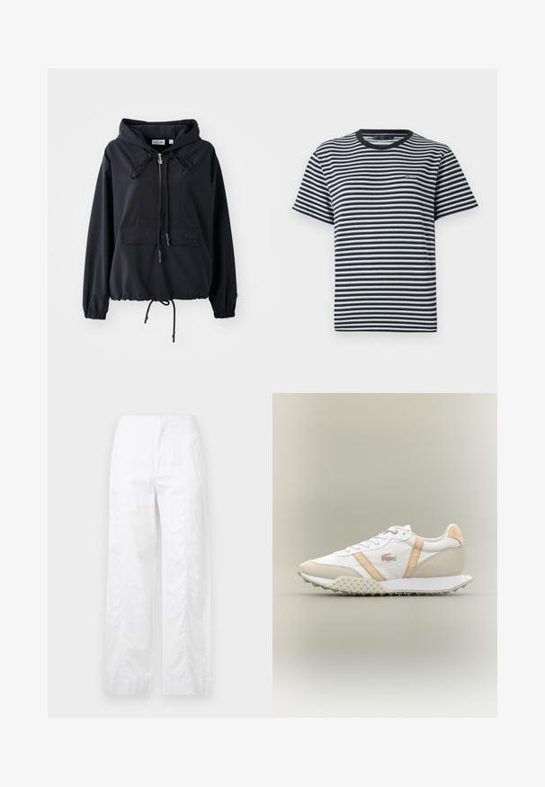 Sweatshirt leve preto com bolso frontal tipo saco, cordões ajustáveis no capuz e na bainha, e punhos elásticos. Apresenta a marca Lacoste.; T-shirt às riscas com riscas horizontais em preto e branco, decote redondo e mangas curtas. Feita de tecido leve e macio.; Calças brancas de perna larga feitas de um tecido leve, com uma textura suave, linhas limpas e um design de cintura alta.; Sapatilhas baixas brancas e bege com sola texturada, atacadores à frente e riscas laterais bege sobre fundo neutro.