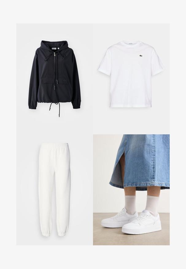Svart lett hettegenser med forbkommunikker lomme, justerbare snorer på hetten og kanten, samt elastiske mansjetter. Har Lacoste-merkevare.; Hvit bomull T-skjorte med rund hals og korte ermer. Har en grønn brodert logo på brystet. Myk tekstur, avslappet passform.; Hvite joggebukser laget av myk, strikket stoff. Elastisk midje og mansjetter gir en avslappet passform. Minimalistisk design, ingen synlige mønstre eller detaljer.; Hvite joggesko med teksturert lær, med plattformsåle, rund tå og snøring; kombinert med lysegrå ankelsokker og et denimskjørt.