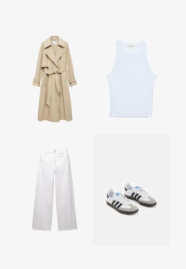 Beige trench coat med dobbeltbrystet design, store revers, bælte i taljen og oprullede ærmer. Fremstillet af blødt, glat stof.; Hvid tanktop, ribbet tekstur, rund halsudskæring, ærmeløs design, tætsiddende form, diskret branding på mærket inden i kraveområdet.; Hvide brede ben jeans lavet af denim. Har knaplukning, front- og baglommer samt syede sømme. Glat tekstur med minimal detaljering.; Sportsko med en overdel i hvid læder, grå ruskind på tåen og tre sorte striber. Har et blåt logo på tungen og en struktureret gummisål.