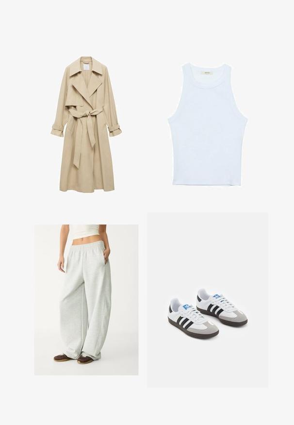 Bež trench kaput s dvostrukim kopčanjem, velikim reverima, remenom u struku i podignutim rukavima. Izrađen od mekog, glatkog materijala.; Bijela majica na bretele, rebrasta tekstura, okrugli izrez, bez rukava, uski kroj, suptilno brendiranje na etiketici unutar područja ovratnika.; Svijetlosive trenirke s elastičnim pojasom, bočnim džepovima i širokim krojem. Izrađene od mekog, teksturiranog materijala; imaju suptilne šavne detalje.; Sportske cipele s gornjištem od bijele kože, sivi suedinasti nos i tri crne pruge. Imaju plavi logo na jeziku i teksturiranu gumenu podlogu.