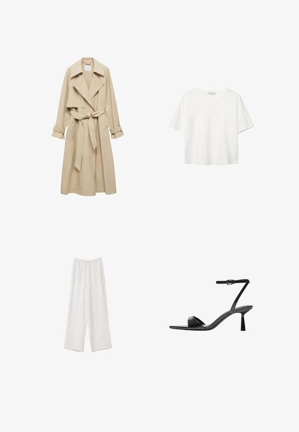 Béžový trenčkot s dvojitým zapínaním, veľkými klopami, opaskom v páse a vyhrnutými rukávmi. Vyrobený z mäkkej, hladkej tkaniny.; Biela krátkopsová tričko vyrobené z bavlny. Má okrúhly výstrih a voľný strih. Hladká textúra bez viditeľných vzorov alebo akcentov.; Biele široké nohavice vyrobené z ľahkej tkaniny. Obsahujú elastický pás so sťahovacou šnúrkou a bočné vrecká. Hladká textúra.; Bershka Sandále na vysokom opätku - black