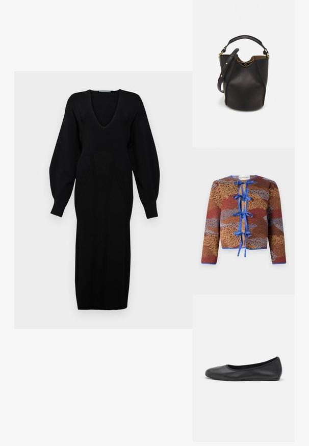 Brun mønstret jakke med lange ærmer, der har blå båndsløjfer, kontrasterende kanter og en tekstureret overflade med røde og blå accenter.; Sort strikket kjole med dyb V-hals, lange voluminøse ærmer og tekstureret mønsterdetalje på kroppen.; Sort læderballetsko med rund tå, glat tekstur, minimal syning og et fleksibelt såldesign.; Sort læder bucket taske med en struktureret overflade, guld hardware detaljer og en åben top. Har et kort håndtag og justerbar skulderrem.