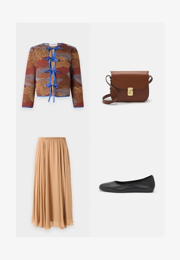 Hnědá vzorovaná bunda s dlouhými rukávy, která má modré stuhy na zavazování, kontrastní okraje a texturovaný povrch s červenými a modrými akcenty.; Světle béžový zkrácený svetr s doplňkovým zipem a imitací límce, zdobený texturovaným vzorem a pletenými manžetami a lemem. Kombinuje pletené a tkané materiály.; Maxi sukně ve světle béžové barvě, vyrobená z lehké tkaniny. Má nařasený elastický pas a jemné sklady pro pohodlný pohyb.; Černé kožené baletní byty s kulatou špičkou, hladkou texturou, minimálními švy a flexibilním designem podrážky.; Hnědá kožená kabelka s klopou, zlatými kovovými detaily, ramenním popruhem a hladkým povrchem. Kompaktní obdélníkový tvar.