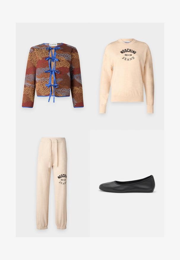 Brązowa kurtka w wzory z długimi rękawami, z niebieskimi wstążkami, kontrastowymi krawędziami oraz fakturowaną powierzchnią z czerwonymi i niebieskimi akcentami.; Jasno beżowy sweter z miękkiego dzianiny, z okrągłym dekoltem, długimi rękawami i czarnym haftowanym logo z napisem "Moschino Jeans."; Beżowe spodnie dresowe z elastycznymi mankietami i paskiem. Na lewym udzie znajduje się czarny nadrukowany logo "MOSCHINO 86 ❤ 23 JEANS". Miękka tekstura.; Czarne skórzane baletki z zaokrąglonym noskiem, gładką fakturą, minimalnymi przeszyciami i elastycznym designem podeszwy.
