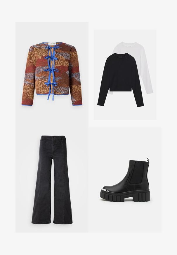 Smeđi uzorčasti sako dugih rukava, s plavim trakama za vezivanje, kontrastnim rubovima i teksturiranom površinom s crvenim i plavim naglascima.; Dvije majice dugih rukava: jedna crna i jedna bijela. Obje imaju okrugli izrez, raglan rukave i mekani pamuk korišten za izradu.; Široke crne traperice s visokim strukom, koje imaju prednje džepove i minimalne detalje šivanja. Pamuk pruža glatku teksturu.; Crne gležnjače od glatke kože s elastičnim panelima, debelim platformskim potplatom i metalnim vrhom.