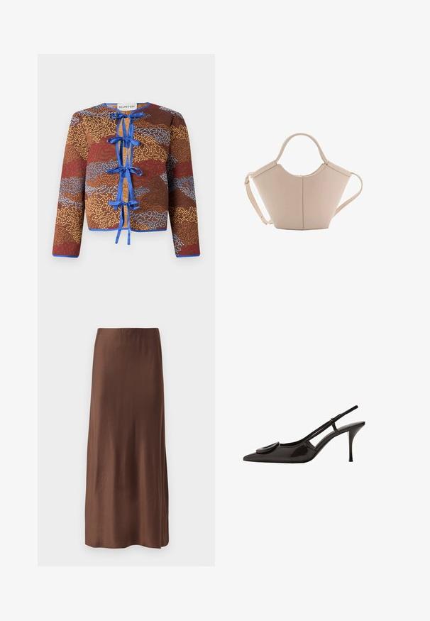 Jachetă cu model maron, cu mâneci lungi, având legături din panglică albastră, margini contrastante și o suprafață texturată cu accente roșii și albastre.; Top negru din tricot cu un siluetă asimetrică unică și un singur bretele pentru umăr. Textură netedă, fără accesorii sau modele vizibile.; Fustă midi din satin maro, cu o textură netedă, având o croială dreaptă și fără imprimeuri sau ornamente vizibile. Design simplu și elegant.; Sandală din piele patent neagră, cu vârf ascuțit, design minimalist, accent circular mic pe brant și toc subțire.; Geantă de mână bej din piele cu o formă unică, dotată cu două mânere scurte și o curea lungă ajustabilă. Textură netedă, cu hardware minim.