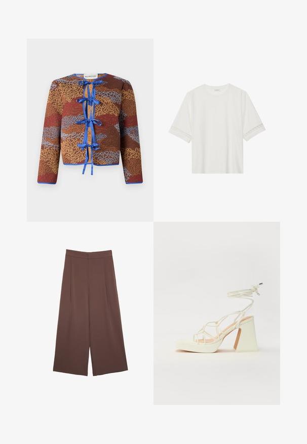 Brun mönstrad jacka med långa ärmar, som har blå bandknutar, kontrasterande kanter, och en texturerad yta med röda och blå accenter.; Vit kortärmad t-shirt i bomull, med dekorativa spetsdetaljer längs ärmarna och rund halsringning.; Bruna vida byxor med en slät textur, som har hög midja och framfickor. Tyget är lätt och flödar löst.; Vit högklackad sandal med en kraftig klack, med ett remdesign och ankelband. Slät textur med en plattform framtill för ökad höjd.