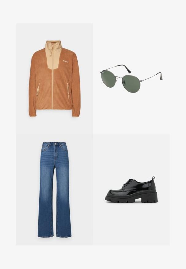 Brun fleecejakke med en beige frontpane og høy krage, med to glidelåslommer på sidene og en logo på venstre bryst.; Denimskjorte i mørkeblå, med krage, lange ermer, doble brystlommer og kontraststing detaljer.; Høyt liv, vide ben blå jeans laget av denim, med en klassisk fem-lomme design og subtile falminger langs bena.; Sorte lakk lær sko med en kraftig plattformsåle og tykke snører. Avrundet tå, minimal detaljering, og en liten hæltab bak.; Metallinnrammede solbriller med ovale grønne linser. Tynn sølvfarget metallramme og svarte øreplugger. Minimalistisk design, ingen synlige logoer.