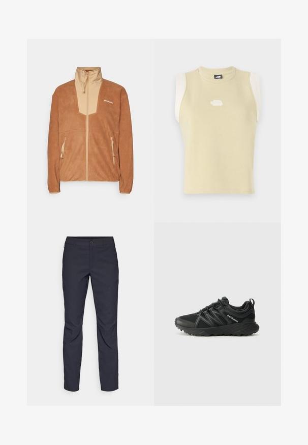 Brun fleecejakke med et beige frontpanel og høj krave, der har to lynlåslommer på siden og et logo på venstre bryst.; Ærmeløs top i pastelsyg gul bomuld med en rund halsudskæring. Har kontrasterende cremede skulderpaneler og et tekstureret logo på brystet.; Mørkeblå bukser lavet af glat stof, med en frontknaplukning, tætsiddende design og pressefolder ved knæene.; Columbia PEAKFREAK - Hikingsko - black