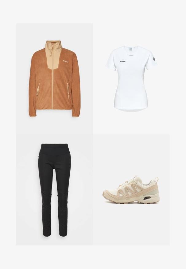 Brun fleecejacka med en beige frampanel och hög krage, med två zippliga sidofickor och en logotyp på vänster bröst.; Kortärmad vit träningsskjorta med rund halsringning, försedd med en logotyp på bröstet och en slät, lätt tygkvalitet.; Svarta idrotts leggings med hög midja, slät textur, logotypdetalj och sidopaneler för ökad visuell intress.; Beige och krämfärgad atletisk sko med texturerad meshovandel, stöttande överdrag och gummisulor med ett mönster för grepp.