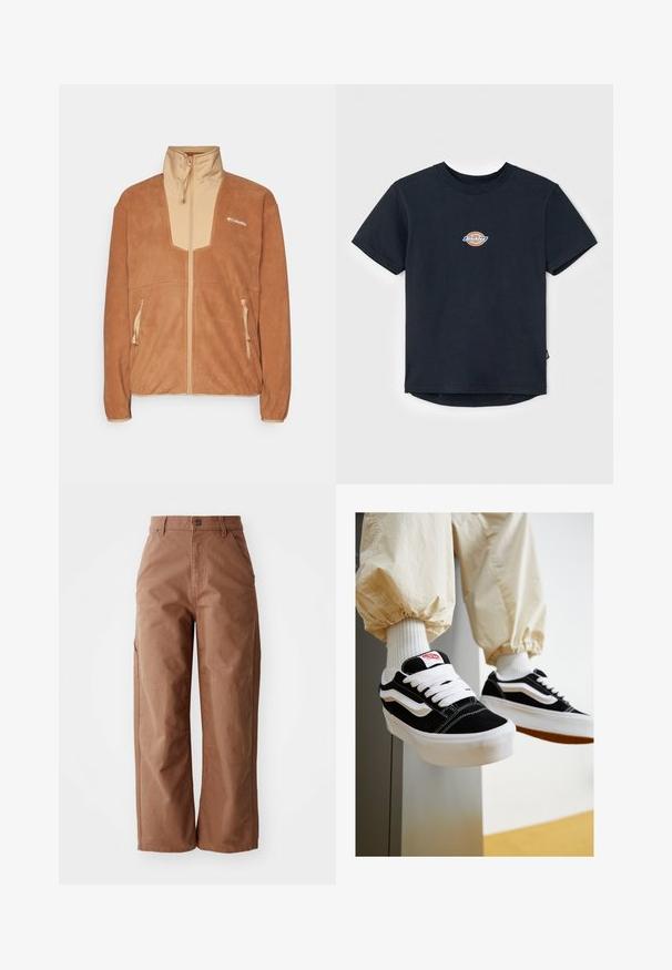 Veste en polaire marron avec un panneau avant beige et un col haut, dotée de deux poches latérales zippées et d'un logo sur la poitrine gauche.; T-shirt en coton noir à manches courtes, col rond, et un petit logo multicolore sur la poitrine. Ourlet droit avec un dos légèrement plus long.; Pantalons larges marron en tissu robuste. Dotés d'une taille haute, de poches avant et de détails de couture subtils.; Baskets en suède noir et blanc avec des lacets plats blancs, des semelles en caoutchouc texturé et un design de bande latérale. Portées avec un pantalon tapered couleur crème.