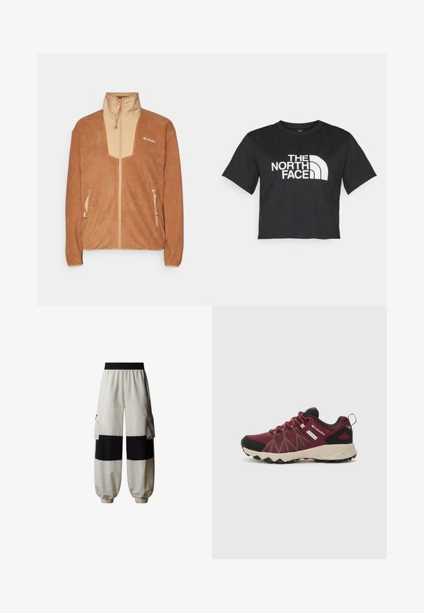 Brown fleece jacket with a beige front panel and high collar, featuring two zippered side pockets and a logo on the left chest.; Black cropped t-shirt made of cotton, featuring a white logo with curved accents and text "THE NORTH FACE" on the front. Short sleeves, crew neck.; The North Face HIMALAYAN - Cargo trousers - white dune tnf black; Columbia PEAKFREAK™ II OUTDRY™ - Hiking shoes - deep madeira/white peach