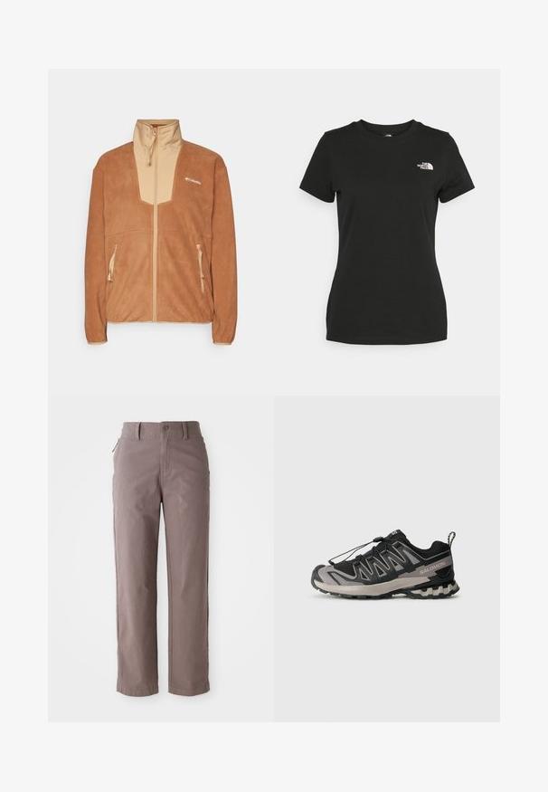 Jachetă din fleece maro cu un panou frontal bej și guler înalt, având două buzunare laterale cu fermoar și un logo pe partea stângă a pieptului.; Tricou din bumbac negru, cu guler rotund și mâneci scurte. Logo alb notabil în partea stângă sus. Textură netedă, croi casual.; Pantaloni din twill de bumbac maro, cu croi drept, având închidere cu buton frontal și buzunare laterale, textură netedă și linii curate.; Pantofila sportivă neagră și gri, cu partea superioară din plasă, talpă din cauciuc și sistem de șireturi elastice. Are un vârf întărit și accente texturate.