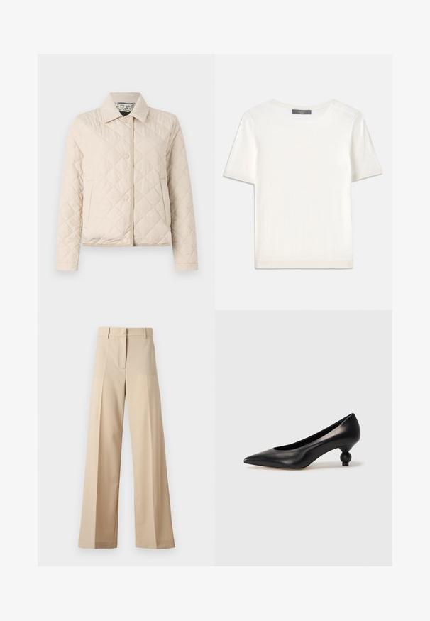 WEEKEND MaxMara VADIER - Overgangsjakke - beige; Hvid kortærmet strikbluse med rund halsudskæring, der har en glat tekstur og subtile ribbede detaljer ved ærmerne og kanten.; Beige bukser med vid ben lavet af blødt stof, med en flad foran med folder, lynlås og bæltestropper. Skræddersyet pasform generelt.; Sort læder høje hæle med spids tå og rund, kugleformet hæl. Glat tekstur med et stilrent, minimalistisk design.