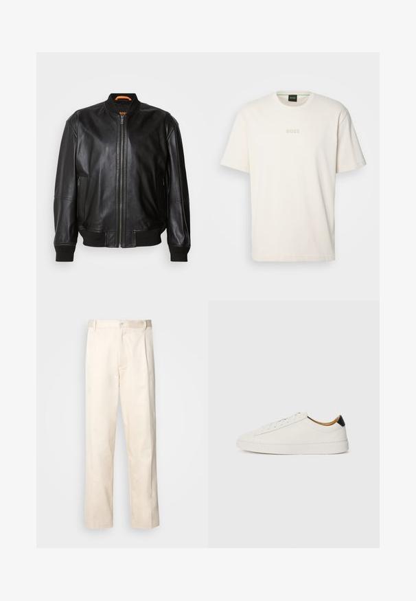 Melna ādas bumbvedēju jaka ar rāvējslēdzēju priekšā, ribotām apkaklēm un aprocēm, sānu kabatām un smalku spīdumu uz gludās tekstūras.; BOSS TEE - Pamata T-krekls - open white; Bežā krāsā auduma bikses ar taisnu kāju griezumu, pievienotām pogu aizdares un priekšējiem krokām papildu detaļām.; Balti apavi ar gludu ādas augšdaļu, apaļu purngalu un plakanu zoli. Melns akcentus papēdī, ar tonālām šņorēm un minimālu zīmolu.