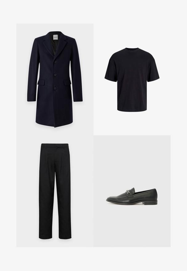 Marineblaues Wollmischungsmantel mit strukturiertem Design, Reverskragen, drei Knöpfen und zwei vorderen Taschen. Glatte Textur und taillierte Passform.; Schwarzes Baumwoll-T-Shirt mit Rundhalsausschnitt, kurzen Ärmeln und lässiger Passform. Glatte Oberflächenstruktur und keine sichtbaren Muster oder Akzente.; Schwarze Hose aus glattem Stoff, mit geradem Bein Design, zwei vorderen Falten und einem Standardbund mit Gürtelschlaufen.; Schwarzer Lederloafer mit glatter Oberfläche, ausgestattet mit einer gesteppten Gestaltung und einem dekorativen Metallkettendetail über dem Vorderblatt. Flacher Absatz.