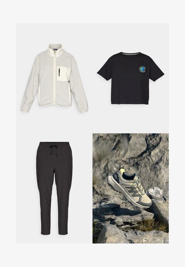 Patagonia SYNCH - Casaco polar - oatmeal heather/natural; T-shirt preto de algodão com mangas curtas, apresentando um logótipo circular multicolorido no peito. Barra reta e ajuste descontraído.; Calças de jogging pretas com uma cintura elástica, detalhe de cordão e bolsos laterais. Feitas de um tecido leve e suave.; Sapatilha de trail running Columbia em bege claro e cinza. Parte superior em malha com detalhes texturizados, sola de borracha e acabamentos refletivos. Design leve.