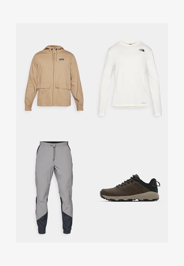 Smėlio spalvos lengvas džemperis su kapišonu, priekinėmis užtrauktukais, dviem didelėmis kišenėmis ir elastingomis rankovėmis. Pagamintas iš lygaus audinio.; Balta ilga rankove marškiniai su apvalia iškirpte, tekstūruota medžiaga, juodas logotipas kairėje petyje ir subtilus prekės ženklas apačioje.; Lengvas, pilkos sportinės kelnės su juodais akcentais. Elastingas juosmuo, raišteliu užsegimas, siaurėjantis kojų dizainas ir šoninės kišenės.; Rudi nepralaidūs sportbačiai su tekstūruota viršutine dalimi, perforuotomis detalėmis, juodu kulno palaikymu ir pilku guminio padu. Šniūreliai yra dekoruoti metaliniais galais.