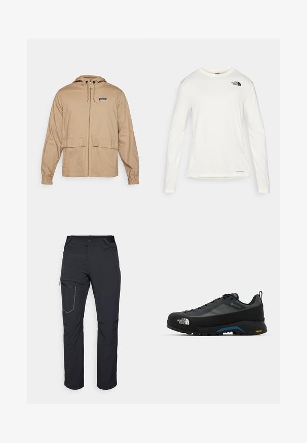 Chaqueta ligera color caqui con capucha, cierre frontal, dos grandes bolsillos de parche y puños elásticos. Fabricada en tejido suave.; Camisa blanca de manga larga con cuello redondo, tela texturizada, logotipo negro en el hombro izquierdo y una sutil marca en la parte inferior.; Pantalones exteriores negros con un bolsillo en el muslo con cremallera, cintura elástica y tejido liso y resistente al agua. Diseño limpio sin logotipos visibles.; The North Face VERTO ALPINE GORE TEX - Zapatillas de senderismo - asphalt grey/tnf black