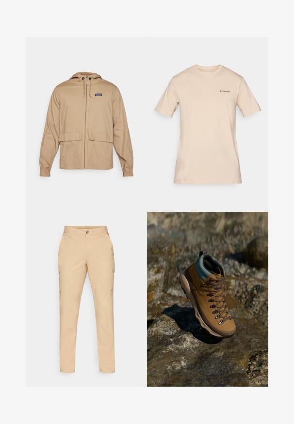 Khaki letvægtsjakke med hætte, frontal lynlås, to store påsyede lommer og elastiske manchetter. Fremstillet af glat stof.; Beige kortærmet t-shirt lavet af bomuld, med et lille sort Columbia-logo på venstre bryst. Standard crew neck-design.; Beige cargo bukser med knaplukning, slim fit, sidelommer og et glat bomuldsblandingsstof. Ingen synlige mønstre eller accenter.; Brune vandrestøvle med en syntetisk overdel, lysblå krave, metaløjer og tekstureret gummisål. Designet til udendørs aktiviteter.